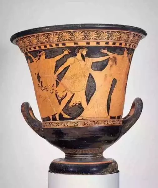 奥瑞斯特斯刺杀克吕泰莫涅斯特拉。古希腊双耳喷口杯，约公元前460年。波士顿美术博物馆藏