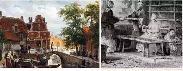 （左）十九世纪的荷兰风景画，作者：Comelis Springer；（右）江南养蚕的农户，十九世纪英国铜版画，作者：Thomas Allom