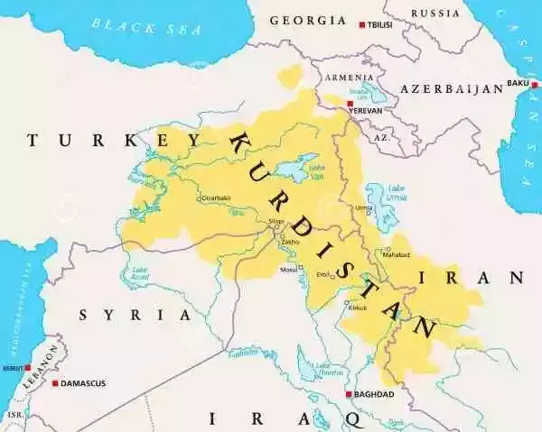图中黄颜色为“库尔德斯坦”所在区域，相关四国（自西向东逆时针方向）分别是土耳其、叙利亚、伊拉克和伊朗。伊朗以北自东向西分别与阿塞拜疆和亚美尼亚接壤