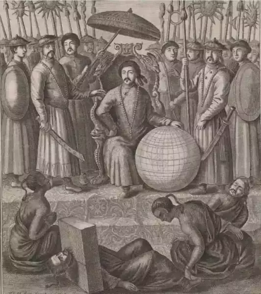 《荷兰东印度公司使团觐见中国大皇帝记》（伦敦，1669年）封面插图上的康熙皇帝形象，特别突出了皇帝左手把玩着一个带有经纬度的地球仪，上面的“China”和“Japan”清晰可见。