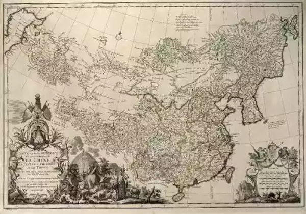 1737年《中国新图》（Nouvel Atlas de la Chine）中的唐维尔所绘之中国总图，有清晰的经纬度，以通过北京的经线为本初子午线，并在这条经线上标明“Meridien de Peking”。左下方标题上方的肖像人物即康熙皇帝。当时清朝的西征尚未结束，所以在西域地区还没有显示大清边界，到了乾隆朝十三排图的时候中国边界均明白标示。