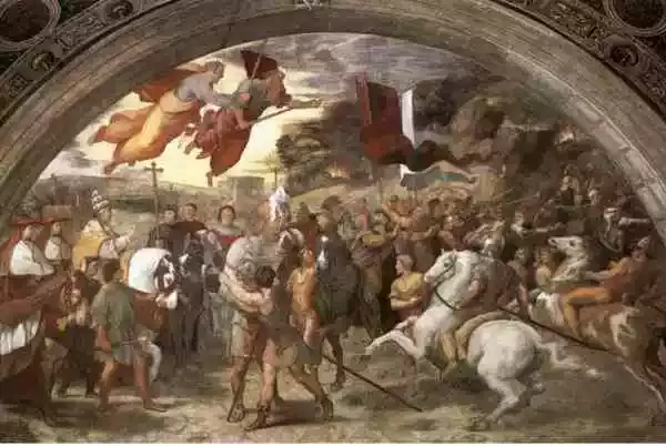 这幅著名的壁画，描绘了教宗在城外与匈人军师联盟领袖阿提拉会面的场景。