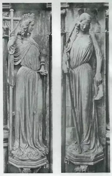 图八：斯特拉斯堡大教堂南部耳堂入口处，基督教会和犹太会堂人格化身雕像，正面平视对照图（发表于1901年）