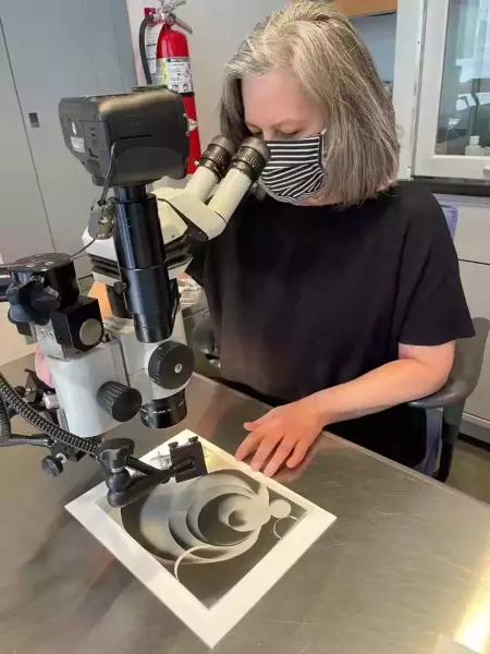 李·安·达夫纳正在用显微镜观察
