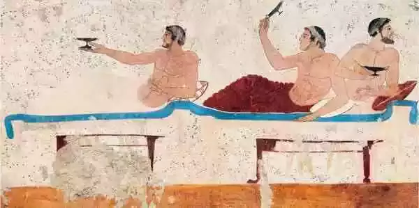 “潜水者之墓”细部描绘的雅典会饮场面，约公元前500年