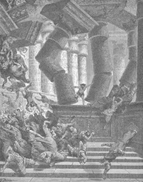 参孙扳倒大鲧神庙的两根中柱，与非利士人同归于尽。