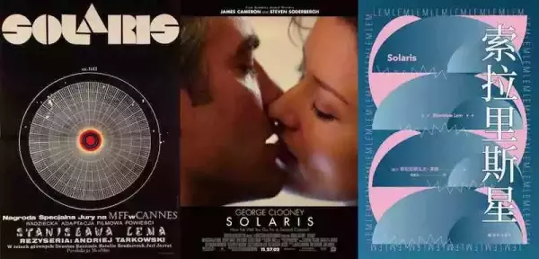 左：1972年塔科夫斯基执导的电影《飞向太空》海报；中：2002年好莱坞版的《索拉里斯》；右：译林新版的图书《索拉里斯星》书封?