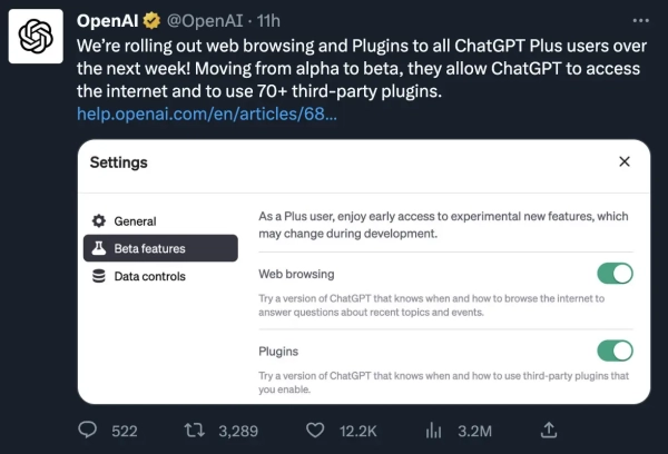 ChatGPT Plus会员下周即可使用两款新插件：Browsing（Web浏览器插件）和Code Interpreter（代码解释器）